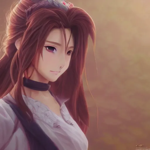 Image similar to beautiful anime, aerith gainsborough, by sakimichan, jeongseok lee, logan cure, ja mong, nick silva, trending artstation