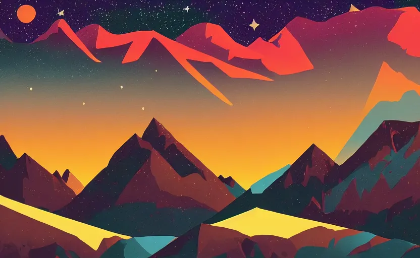 Image similar to mountains, stars and paisley filled sky, artstation, intricate, highly detailed, digital painting, concept art, sharp focus, illustration by Tom Whalen and Charles Williams