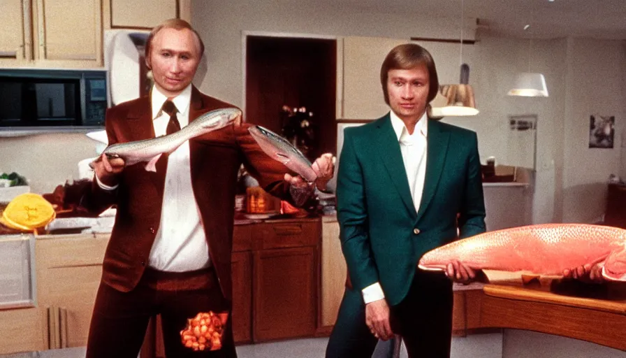 Prompt: 7 0 s movie still of putin in teleshopping show, proudly holding a salmon. cinestill 8 0 0 t _ 3 5 mm eastmancolor, heavy grain, high quality, high detail