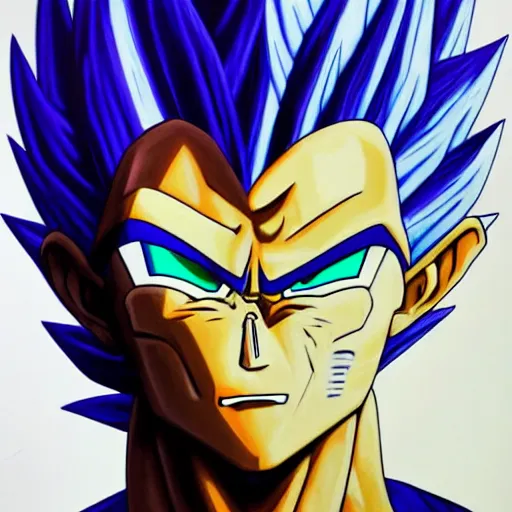 Image similar to oil paint of a fusion of old vegeta and trunks, gogeta, realistic painting, non anime, 4 k, detailed, full body, painting, on paper, paint smears, smooth, by a oil painter