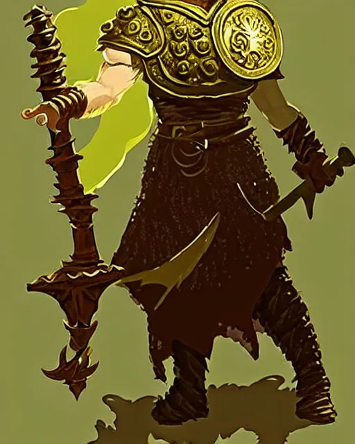 Image similar to beverly toegold the fifth, epic level dnd male halfling verdant paladin of the ancients and green teen, wielding a golden holy sword, wearing magical gleaming chainmail armor. full character concept art, realistic, high detail digital gouache painting by angus mcbride and michael whelan and jeffrey jones