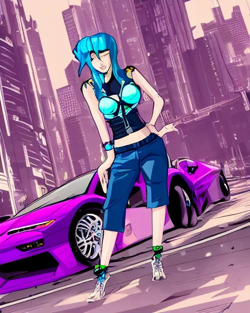 Image similar to cel shaded art of a pretty blue haired girl standing next to a purple lamborghinil, jet grind radio graphics, cyberpunk city street background