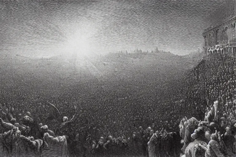 Image similar to aerial view, crowd of people looking up, Gustave Dore lithography