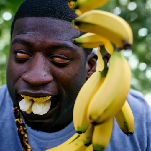 Image similar to angry gucci mane eating bananas in the hood, 8k resolution, full HD, cinematic lighting, award winning, anatomically correct