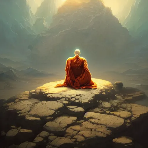 Prompt: in the style of peter mohrbacher, a glowing monk floating and meditating on a rock, dystopian landscape, intricate, masterpiece, award winning, fantasy, hyperrealism intricate