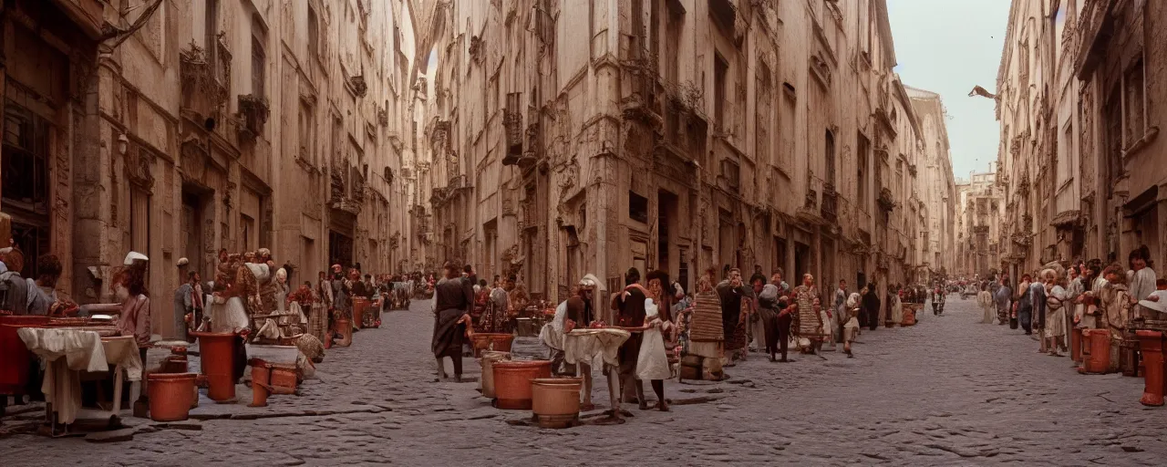 Image similar to wide shot of spaghetti in ancient roman streets and, sigma 8 0 mm, cinematic lighting, photography, wes anderson, kodachrome