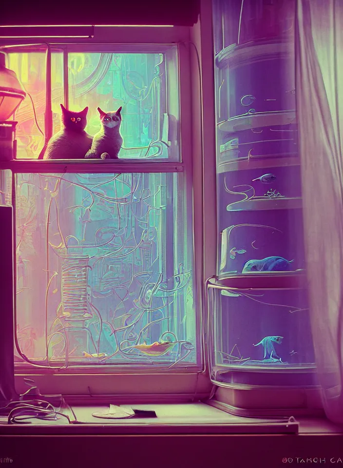 Image similar to telephoto 7 0 mm f / 2. 8 iso 2 0 0 photograph depicting the feeling of chrysalism in a cosy safe cluttered french sci - fi ( ( art nouveau ) ) cyberpunk apartment in a pastel dreamstate art cinema style. ( cat ) ( ( fish tank ) ), ambient light.