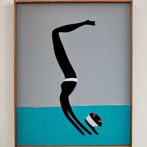 Image similar to acrylic painting on wood of a woman wearing a swimming cap diving from a high diving board into a pool. the pool is out of frame. teal, white, black and grayscale. simple. flat. vintage, mid - century modern. mid - drive, in the air, fully body