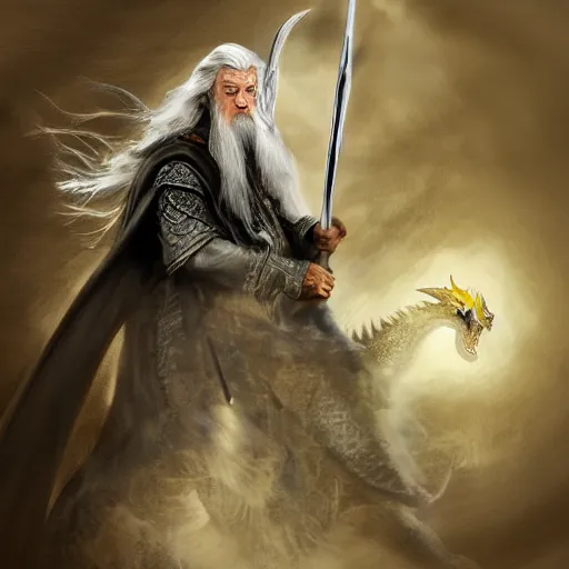 Prompt: gandalf, riding a dragon, highly detailed, digital art,