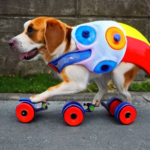 Image similar to “dog wearing brightly colored rolling skates”