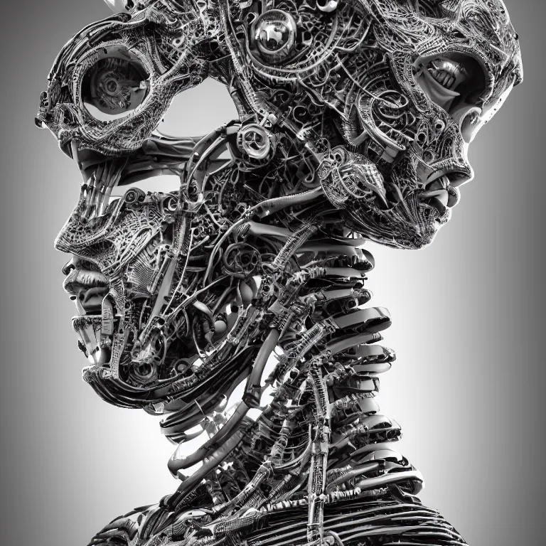 Image similar to surreal biomechanical spinal ribbed tribal exotic organic face portrait of mechanical cyborg, beautiful detailed intricate insanely detailed BW 3D render digital art, octane render, 8K artistic photography, photorealistic