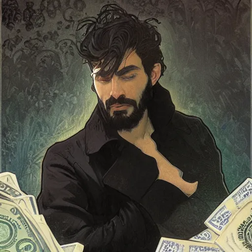 Image similar to a man with black hair and beard, wearing a black jacket, white shirt and jeans, swimming in a pool of dollar bills, sharp focus, illustration, art by greg rutkowski and alphonse mucha''