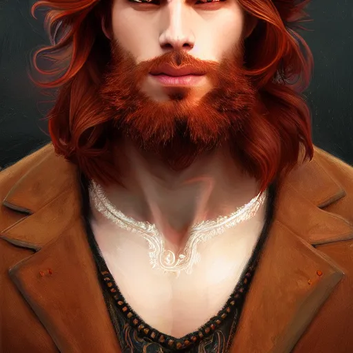 Image similar to portrait of a man - wolf, male, handsome, masculine, full body, red hair, long hair, soft hair, fantasy, intricate, elegant, highly detailed, suit, coffee shop, digital painting, artstation, concept art, character art, smooth, sharp focus, illustration, art by artgerm and greg rutkowski and alphonse mucha