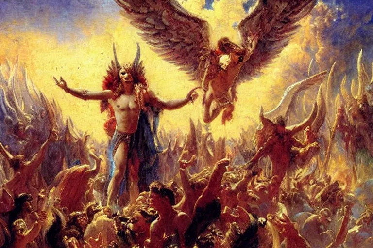 Image similar to lucifer rallying rebel angels in heaven. art by gaston bussiere.