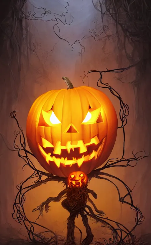 Image similar to fantasy monster concept art, a jack o lantern monster with vines for a body walking down a street of nightmares, dynamic lighting, photorealistic, trending on art station, stunning visuals, creative, cinematic, ultra detailed, atmospherical, ambient lighting, scary art, eery art