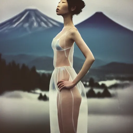 Prompt: a instax photo of fuji mountain, a tall japanese girl in a transparent sheer fabric dress against the background of fuji mountain, perfect faces, fine details, severe snow, full body shot, perfect symmetrical body, coherent symmetrical eyes, rule of thirds, by peter kemp, by monia merlo, hyperrealistic, hyperdetailed, octane render, 8 k