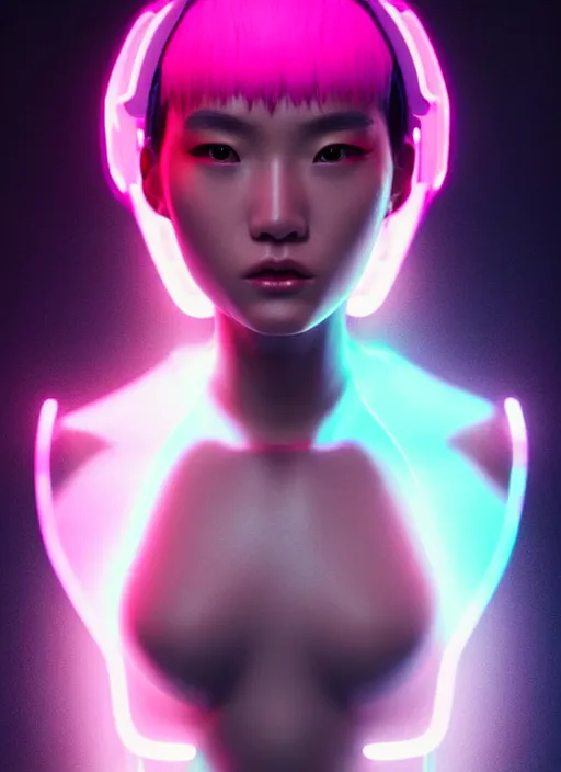 Image similar to photorealistic portrait of female asian humanoid, cyber neon lights, highly detailed, cyberpunk fashion, elegant, crispy quality, trending in artstation, trending in pinterest, glamor pose, no signature, no watermark, cinematic, art by pascal blanche