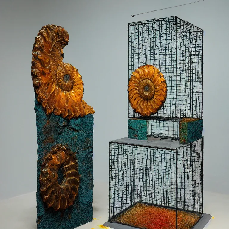 Prompt: hyperrealistic sculpture of a bronze fossilized ancient tetris brick ammonite dusted with saffron and deep blue and grass green spraypaint and beeswax in a grid cage on a pedestal by ron mueck and duane hanson and lee bontecou, hyperrealistic dramatic colored lighting trending on artstation 8 k