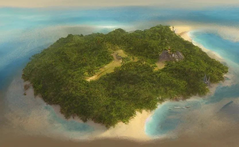 Image similar to an island from afar with forests, beaches and a volacano in open ocean, john avon, artstation