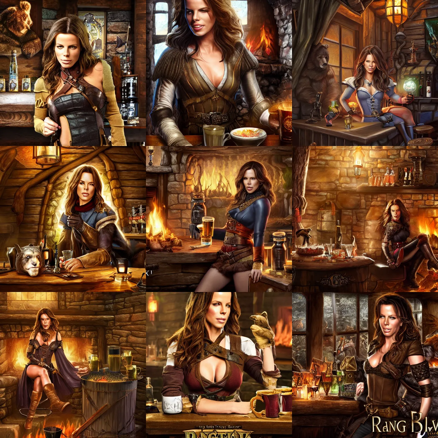 Prompt: kate beckinsale weared as ranger, sit in fantasy tavern near fireplace, behind bar deck with bear mugs, medieval dnd, colorfull digital fantasy art, 4k