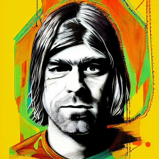 Prompt: graphic illustration, creative design, kurt cobain, biopunk, francis bacon, highly detailed, hunter s thompson, concept art, mixed media