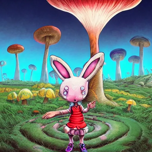 Image similar to 4 k headshot portrait of a psychedelic demonic anthropomorphic bunny rabbit with mushroom themed clothes, magic mushroom village in background by jeff easley, award winning, stylized neon, post - processing, masterpiece, superb resolution. in the art style of junji ito and greg rutkowski. detailed mushroom city in background. hyper realistic anime. perfect art. dalle 2