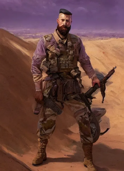 Image similar to purple scene lighting, detailed character portrait concept art, white male, strong muscular mature, soldier with beard, short hair, in a soldier uniform, desert with city in the background, sharp focus, illustration, highly detailed, digital painting, concept art, matte, art by wlop and artgerm and greg rutkowski, masterpiece