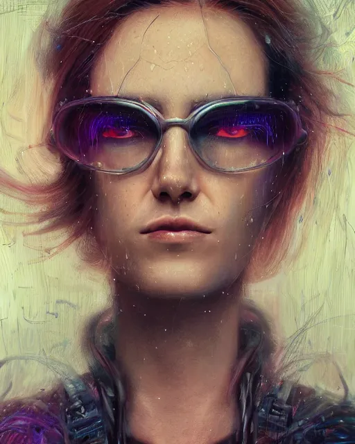 Image similar to cinematic portrait of a cyberpunk dj with laser hair, intricate, elegant, by alyssa monks, highly detailed, fine details, masterpiece, trending on artstation