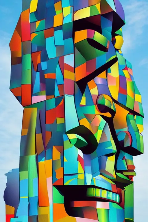 Image similar to cubist moai statue cutout digital illustration cartoon colorful beeple