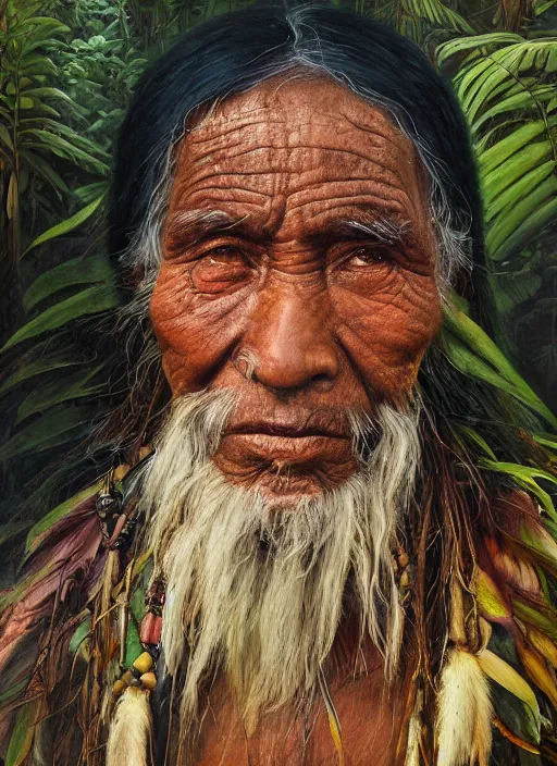Image similar to a beautiful painting portrait of a very old indigenous grand-father in the amazon jungle, matte painting, fantasy art, ayahuasca, highly detailed