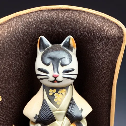 Image similar to demure anthropomorphic cat figurine wearing a kimono, brown resin, highly detailed, intricate, monotone, head tilted down