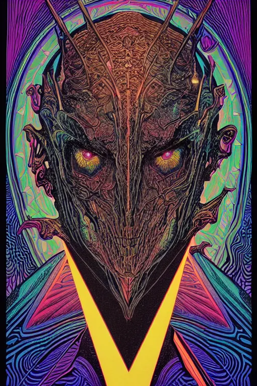 Image similar to portrait of black and psychedelic grainshading print by dan mumford, moebius, goblinko, richard corben, wayne barlowe, heavy metal comic cover art, psychedelic triangular skeleton, very intricate, thick outline, full body, symmetrical face, long black crown, in a shapes background, galactic dark colors