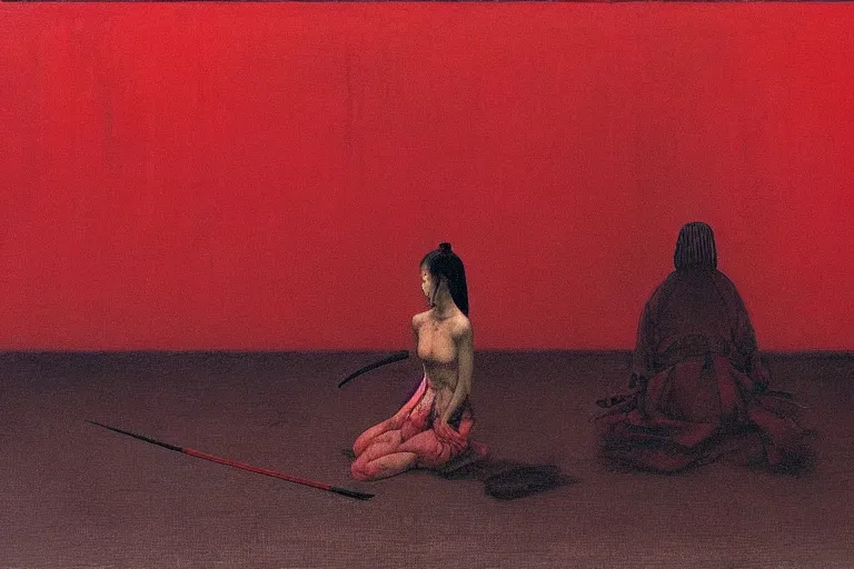 Image similar to only with red, a red samurai harakiri, tokio, a lot of frogs watch, in the style of beksinski, parts by edward hopper, parts by rodcenko, parts by yue minjun, intricate and epic composition, red by caravaggio, insanely quality, highly detailed, masterpiece, red light, artstation, 4 k