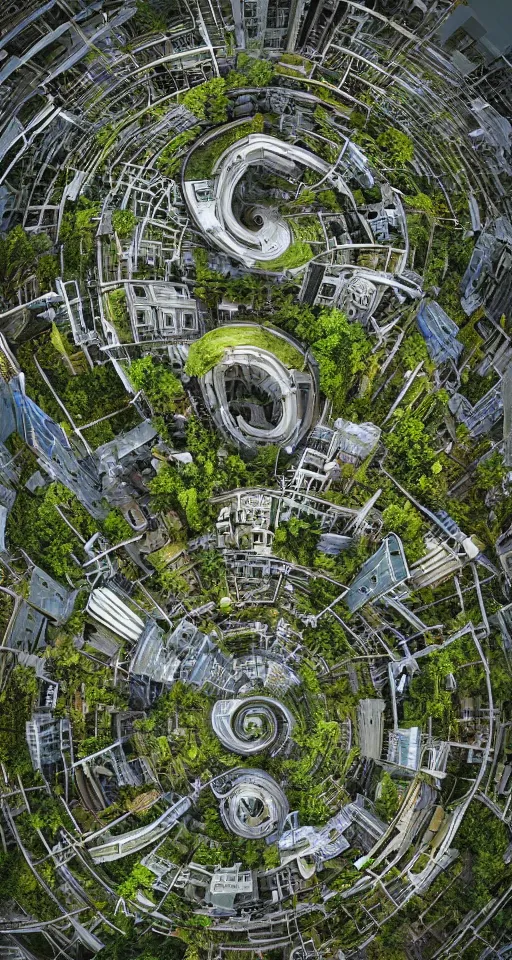 Image similar to an aerial view of a postapocalyptic world that nature has reclaimed, in the style of MC Escher