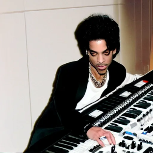 Prompt: prince playing an oberheim ob 8 on a ferrari