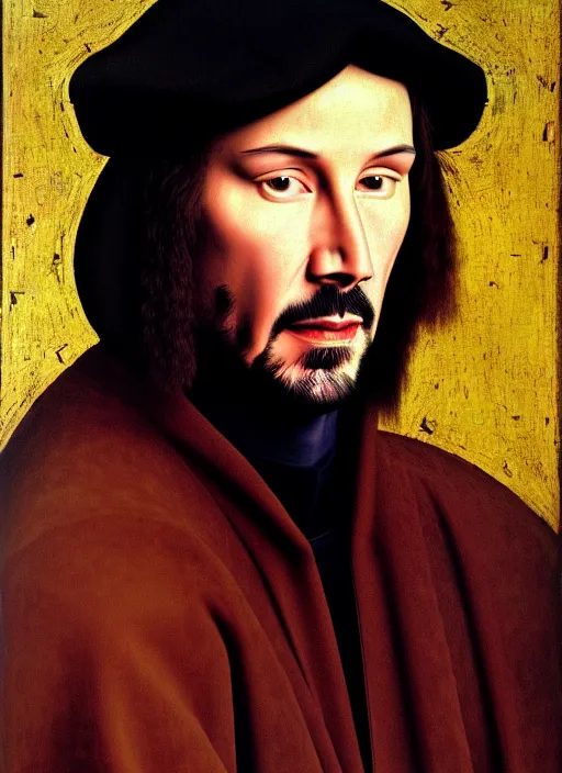 Image similar to portrait of keanu reeves, oil painting by jan van eyck, northern renaissance art, oil on canvas, wet - on - wet technique, realistic, expressive emotions, intricate textures, illusionistic detail