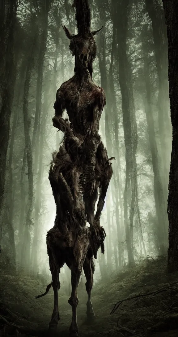 Image similar to a cinema still of a tall, bony humanoid creature with the head and hooves of a horse and disproportionately long limbs with dark gloomy forest in the background shot by guilliermo del toro, horror, dark, natural, hyper detailed, digital art, trending in artstation, cinematic lighting, studio quality,