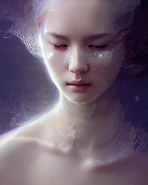 Prompt: instrument of life, white silk, fractal crystal, beauty portrait by wlop, james jean, victo ngai, beautifully lit, muted colors, highly detailed, artstation, long hair, fantasy art by craig mullins, thomas kinkade