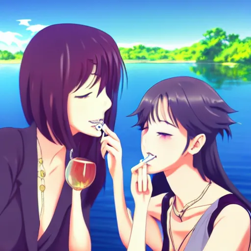Prompt: two beautiful lesbian girls in love, smoking a weed cigarette with smoke, sitting in front of a lake, in the style of anime, close - up, highly detailed face, 4 k, pixiv, intricate, elegant, highly detailed, lush, stylized, japanese, smooth