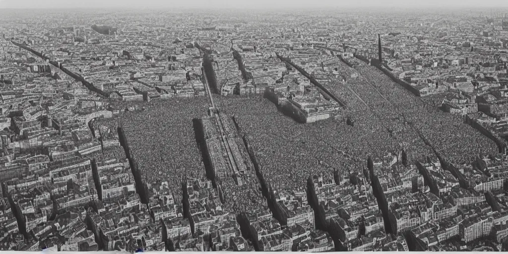 Image similar to a crowd of 6 0, 0 0 0 protesting around the eiffel tower, bird's eye view, polaroid, 6 0's, hyperrealism, no blur, 4 k resolution, ultra detailed