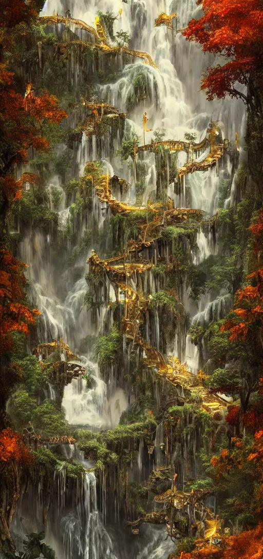 Image similar to a wooden elven City with golden roofs, with arches and bridges on top of a WATERFALL in the fall , gnarly trees, lush vegetation, forrest, a small stream runs beneath the waterfall, landscape, raphael lacoste, eddie mendoza, alex ross, concept art, matte painting, highly detailed, rule of thirds, dynamic lighting, cinematic, detailed, denoised, centerd