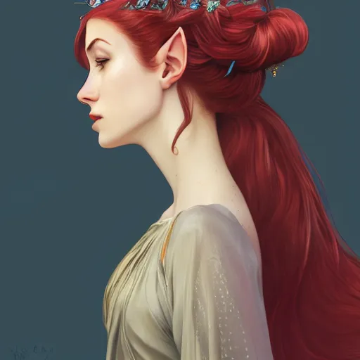 Prompt: side portrait of very beautiful elf, wearing a cloak, rose crown, hair over face, headshot, looking up, hyper realistic, pale skin, bright red hair, 4k, rule of thirds, extreme detail, detailed drawing, trending artstation, hd, fantasy, D&D, realistic lighting, by Alphonse Mucha, Greg Rutkowski, sharp focus, backlit, elegant