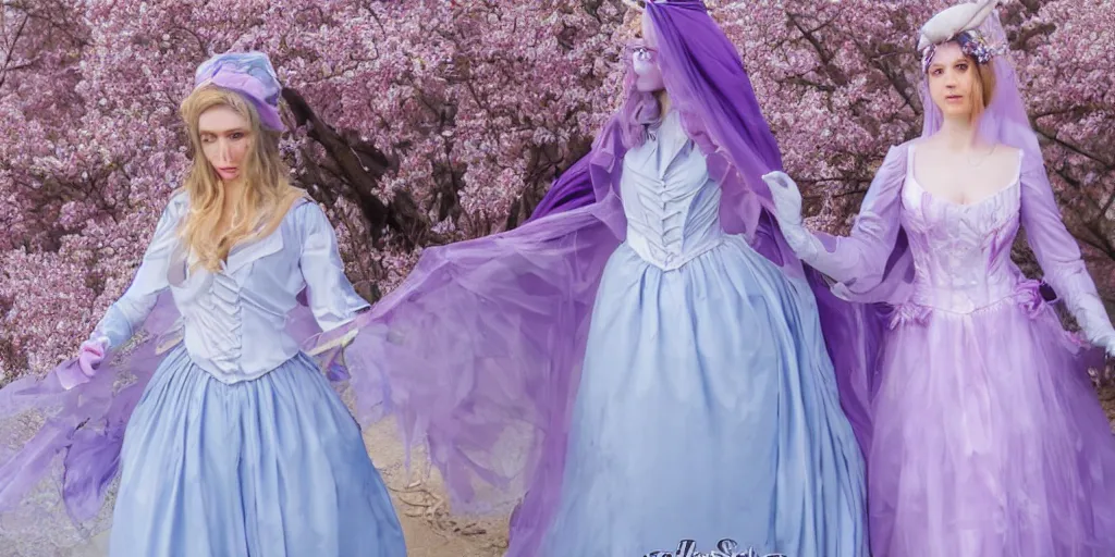 Prompt: character costume setting sheet, costume design, a lilac long gown with light blue cherry blossoms, long sleeves, and a veil headpiece, full body, vintage, highly detailed, outfit, 4 k, photo realistic, cinematic