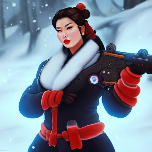 Image similar to a screenshot of arnold schwarzenegger as mei in the snow shooting frost gun in overwatch, portrait, fantasy, beautiful face, vivid colors, elegant, concept art, sharp focus, digital art, hyper - realistic, 4 k, unreal engine, highly detailed, hd, dramatic lighting by brom, trending on artstation