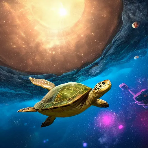 Image similar to giant turtle in space, giant turtle inside water, turtle glacier, 3 d render, high quality image, turtle world, waterbodies, soft, concept art, intricate details, highly detailed, colorful, photorealistic, disney pixar, octane render, iridescent, anime, 8 k