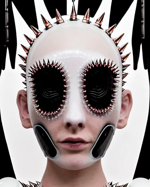 Image similar to symmetrical portrait of a biomechanical cyborg wearing a silicone steel spikes studded iridescent beauty mask and neon hair buns, wearing a black bodysuit by iris van herpen, cream white background, soft diffused light, biotechnology, humanoid robot, bjork aesthetic, translucent, by rineke dijkstra, intricate details, highly detailed, masterpiece,