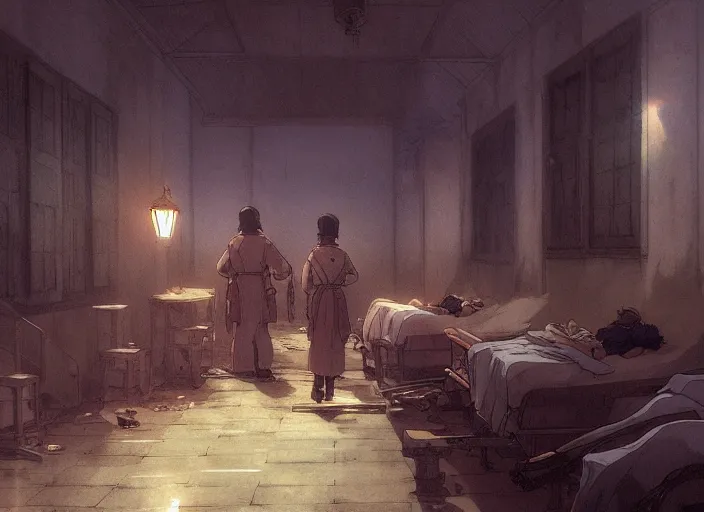 Image similar to 1 8 5 4 crimean war, army hospital in scutari at night, wounded patients in beds on both sides of hospital ward, dark, grimy, finely detailed perfect art, painted by greg rutkowski makoto shinkai takashi takeuchi studio ghibli