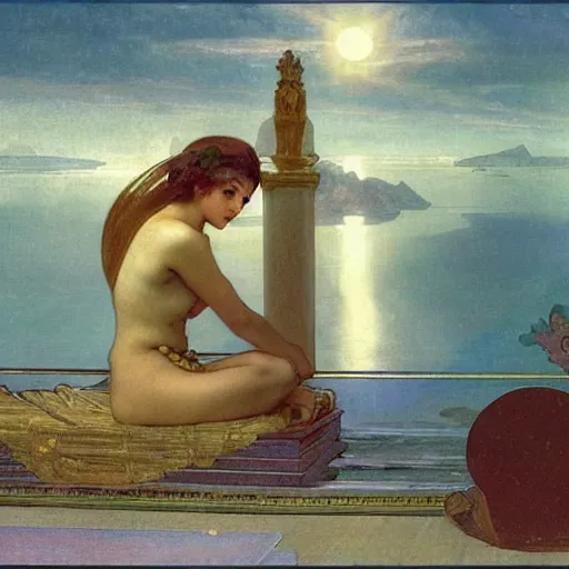 Image similar to The palace on the clouds, moon reflecting on the water, thunderstorm, greek pool, beach and Tropical vegetation on the background major arcana sky, by paul delaroche, alphonse mucha and arnold böcklin, hyperrealistic 8k, award-winning, very very very detailed