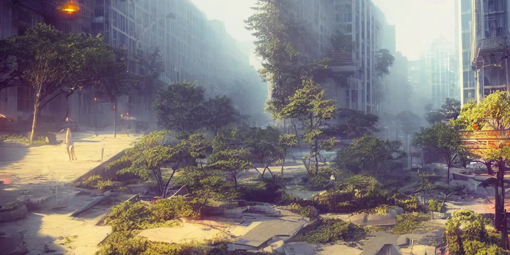 Image similar to Nature taking over a city, artstation, octane render, cgi, cgsociety, volumetric lighting, cinematic, colorful, ray traced, ambient occlusion, depth of field, fog,