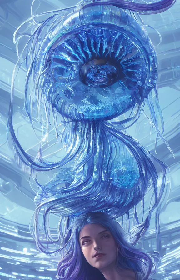 Image similar to Panorama hyper detailed painting of a cyberpunk jellyfish, blue tones, underwater, 8 mm, highly detailed, digital painting, artstation, concept art, smooth, sharp focus, illustration, art by artgerm and greg rutkowski and alphonse mucha